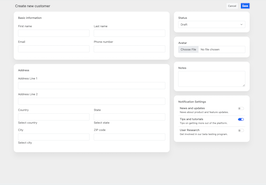 React js template and ui example Create new customer form