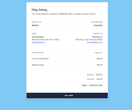 React js template and ui example invoice with client info description amount and pay now button