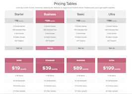 React js template and ui example pricing tables with header with color