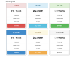 React js template and ui example Bootstrap Colored Panel Pricing Table